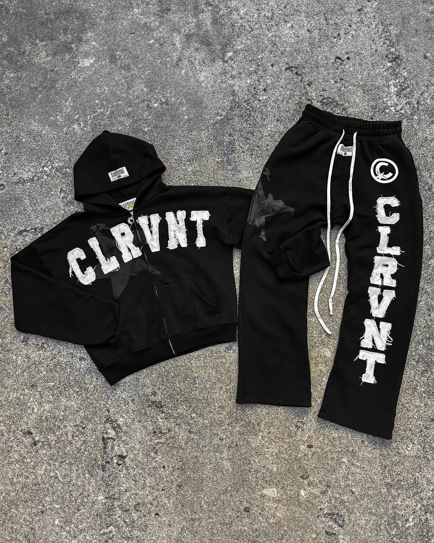 Black CLRVNT Trendy Brand America Streetwear Y2K Letter Patchwork Zip up Hoodie Gothic Punk Rock Men Women Sweatsuit Hoodies