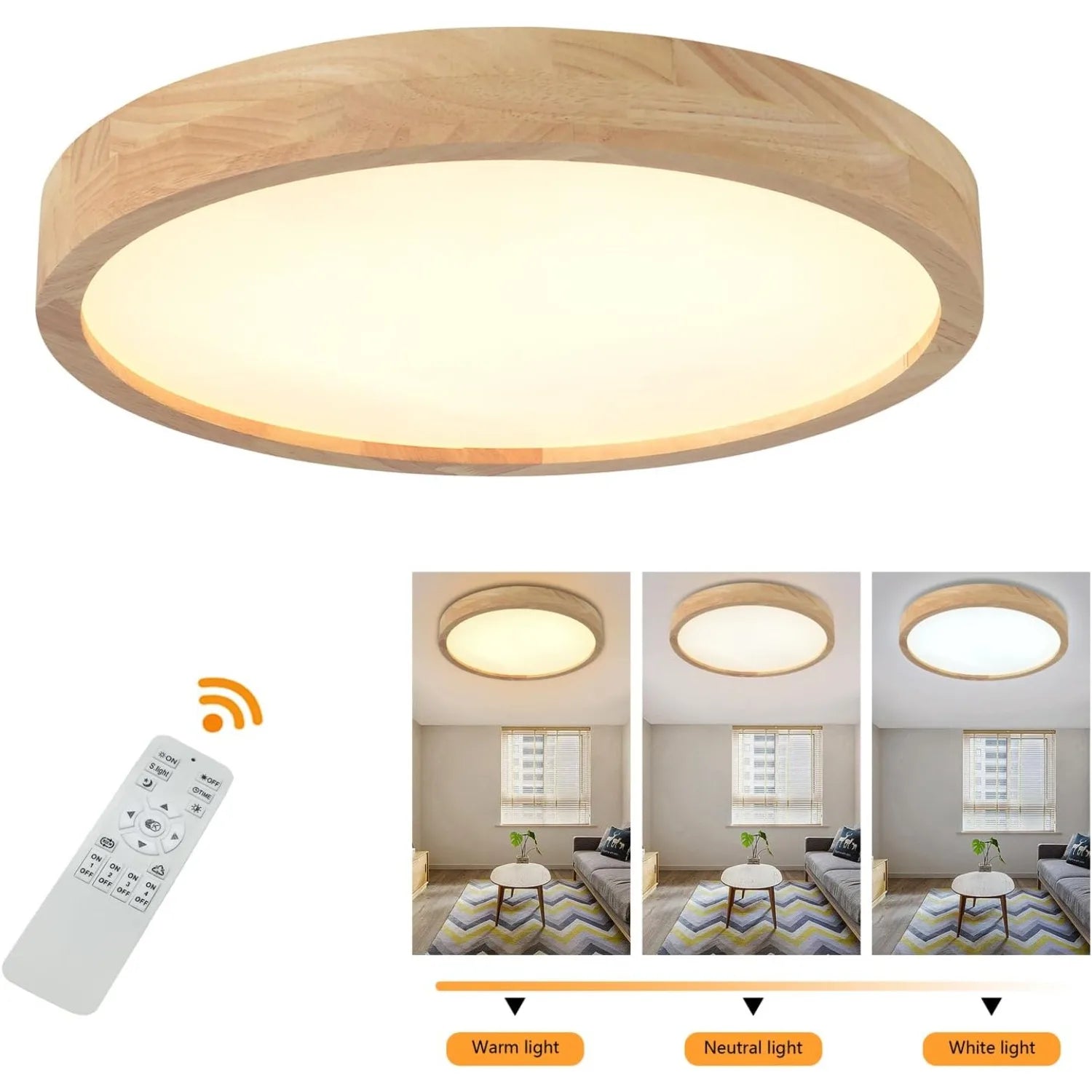 15.7 Inch Modern Wood Led Ceiling Light Fixture, 3000K-6000K Dimmable Round Flush Mount Lighting Fixtures, for Living Room