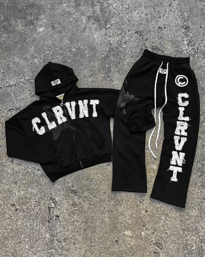 Black CLRVNT Trendy Brand America Streetwear Y2K Letter Patchwork Zip up Hoodie Gothic Punk Rock Men Women Sweatsuit Hoodies