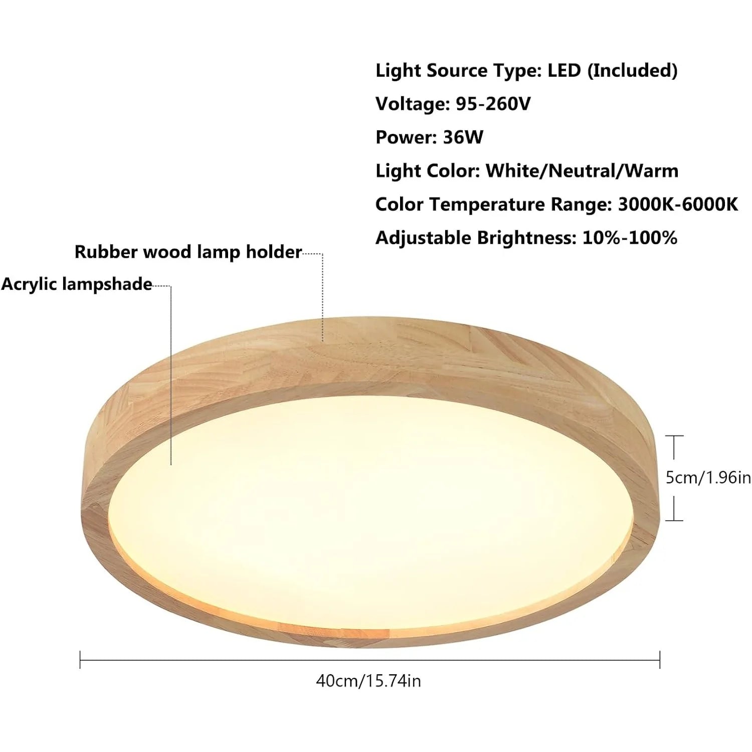 15.7 Inch Modern Wood Led Ceiling Light Fixture, 3000K-6000K Dimmable Round Flush Mount Lighting Fixtures, for Living Room