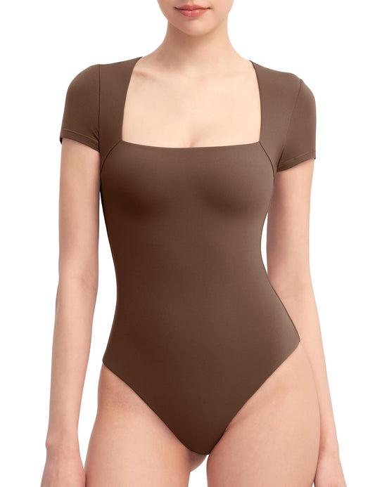 PUMIEY Square Neck Bodysuits For Women Short Sleeve Body Suit Slimming Going Out Tops Womens Clothing ChocolateMedium