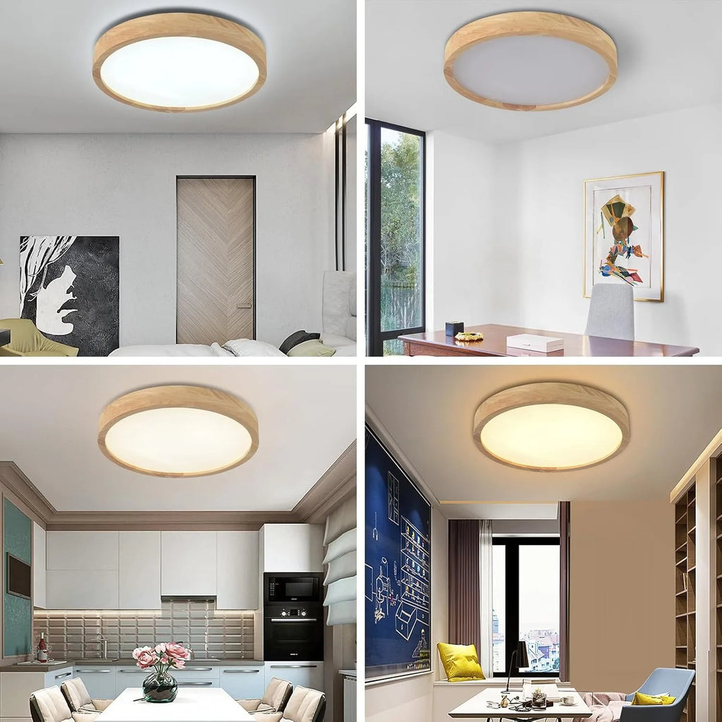 15.7 Inch Modern Wood Led Ceiling Light Fixture, 3000K-6000K Dimmable Round Flush Mount Lighting Fixtures, for Living Room