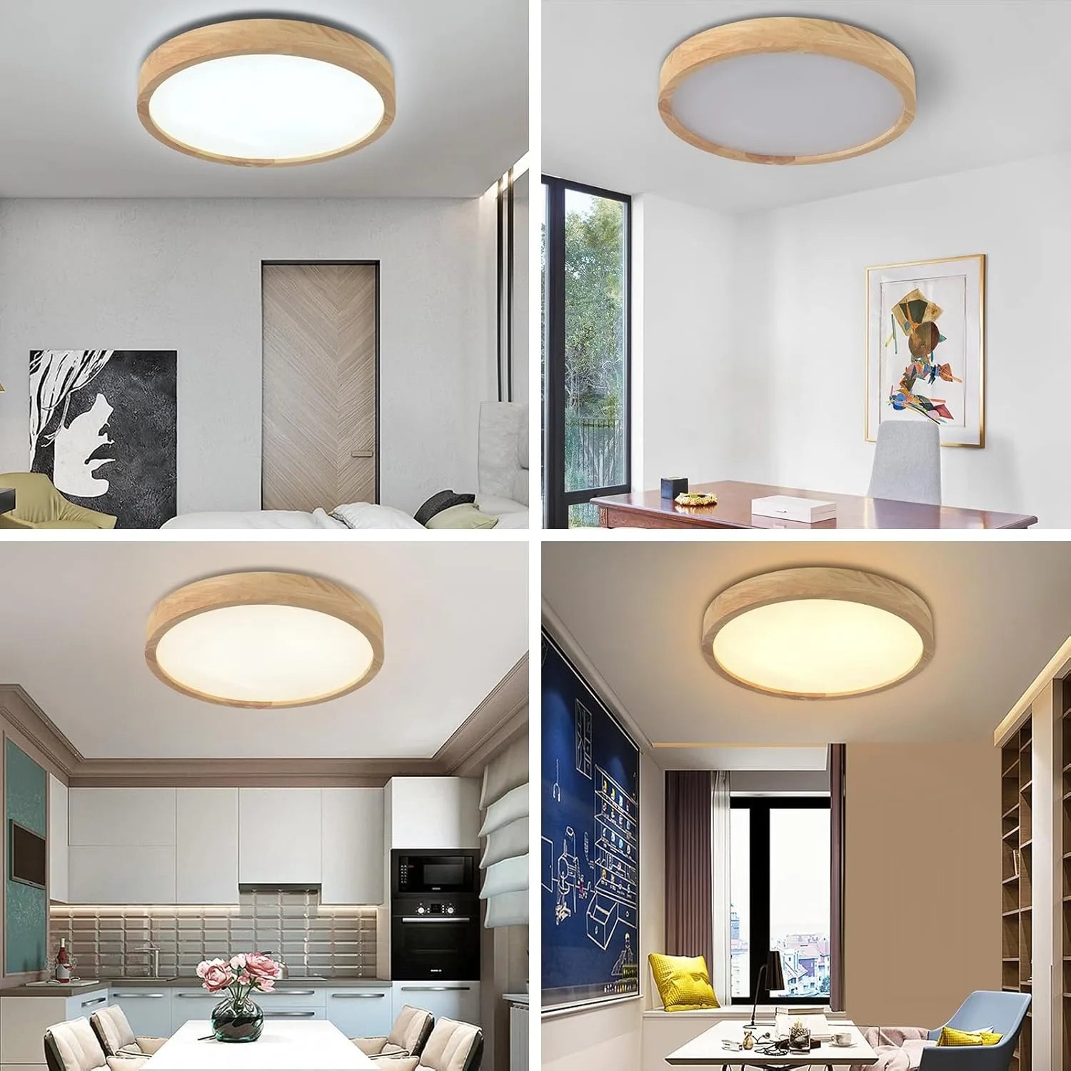 15.7 Inch Modern Wood Led Ceiling Light Fixture, 3000K-6000K Dimmable Round Flush Mount Lighting Fixtures, for Living Room
