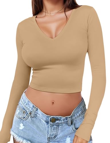 Womens Sexy Long Sleeve Crop Top V Neck Y2K Shirt Sexy Slim Fitted Casual Base Layer Lightweight Soft Tops Workout Shirts 2024 Womens Clothing XS-XL Underwear Spring Summer Fashion Going Out Tops