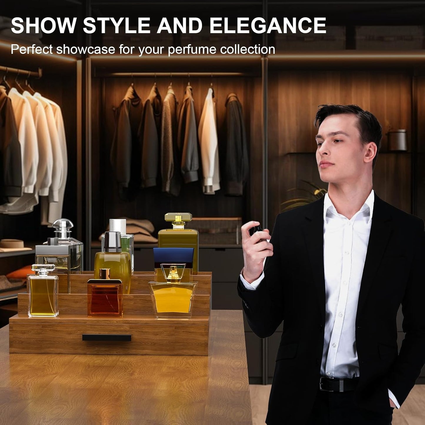 Walnut Wood Cologne Organizer for Men 3 Tier Cologne Stand,Wooden Cologne Holder