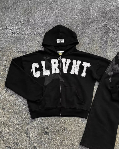 Black CLRVNT Trendy Brand America Streetwear Y2K Letter Patchwork Zip up Hoodie Gothic Punk Rock Men Women Sweatsuit Hoodies