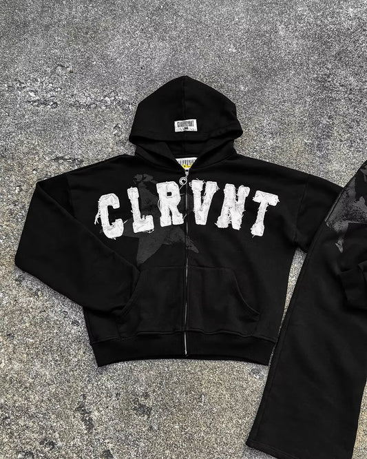 Black CLRVNT Trendy Brand America Streetwear Y2K Letter Patchwork Zip up Hoodie Gothic Punk Rock Men Women Sweatsuit Hoodies