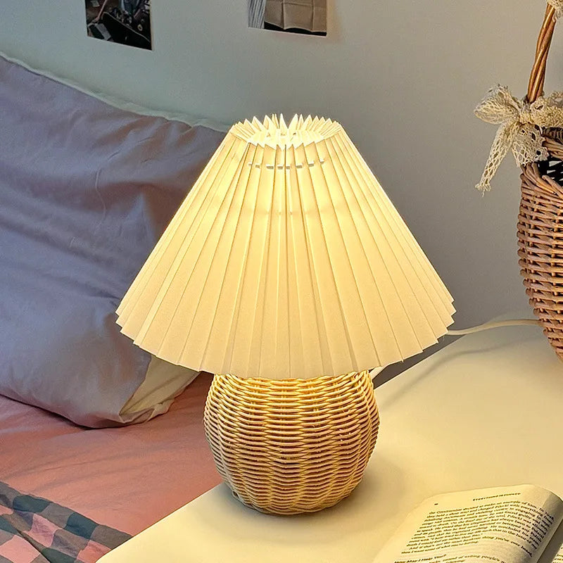 Usb Plug Rattan Bedside Table Lamp Bedroom Mini Table Lamp Nightstand Farmhouse Desk Light for Home Foyer Bookshelf Study Office