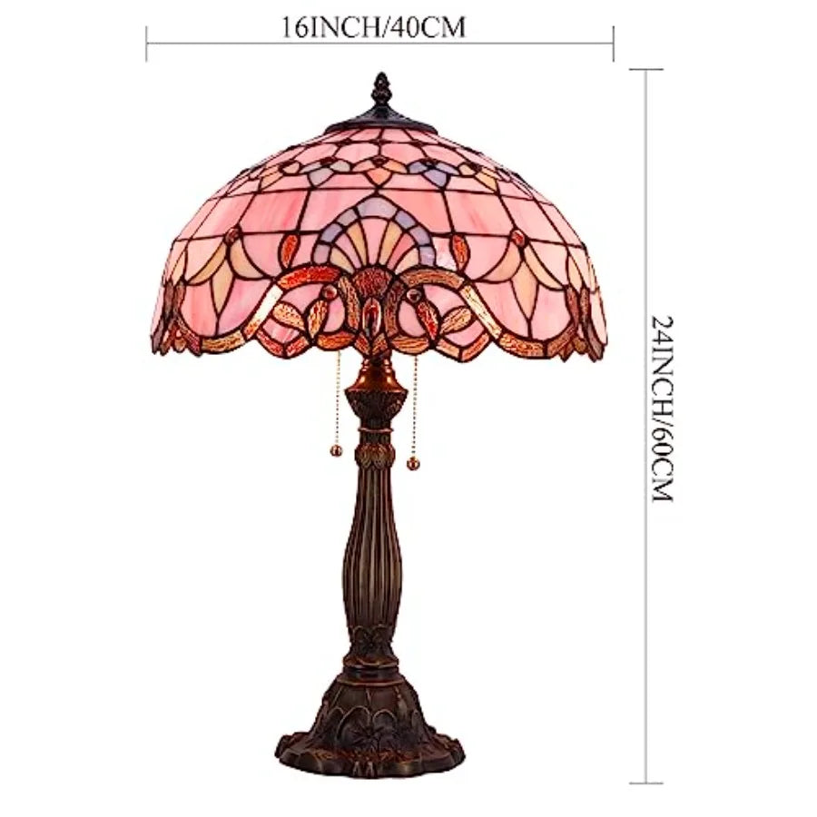 Pink Stained Glass Baroque Style Table Lamp for Bedroom and Living Room Decor 16X16X24 Inches Elegant Desk Light for Home Offic