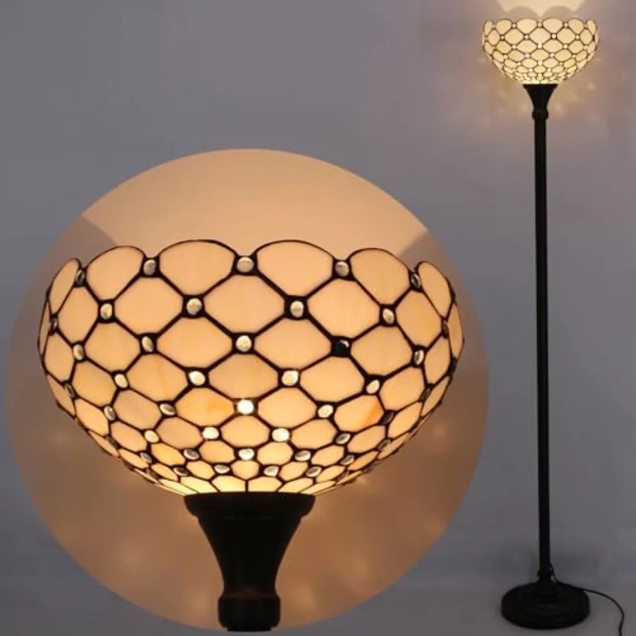 Tiffany Floor Lamp with Cream Amber Stained Glass Bead Light for Bedroom Living Room Home Office Decor 12X12X71 Inches Standing